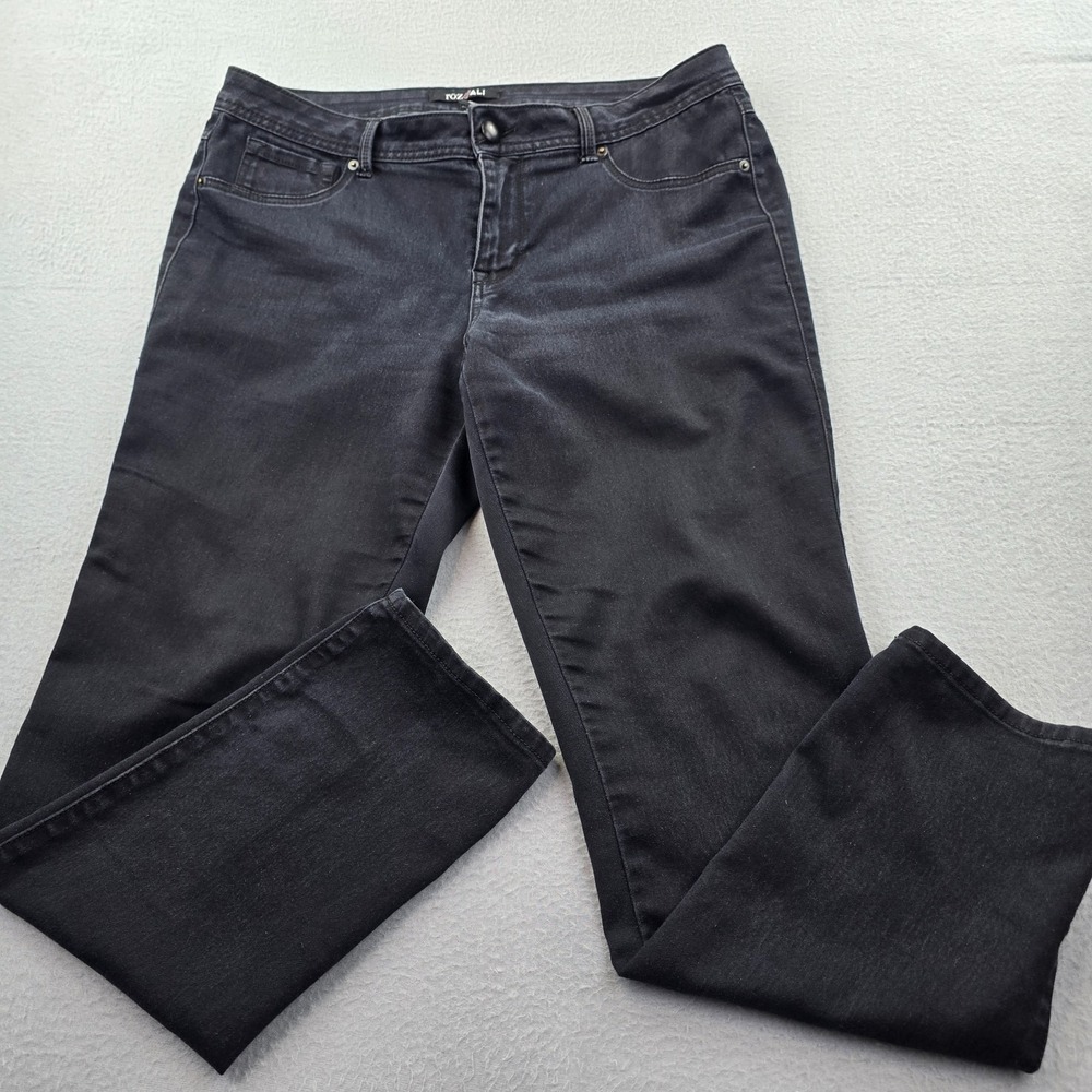 Roz & Ali Jeans Womens 12 Short Black Denim Cotton Stretch Mid Rise Straight Leg